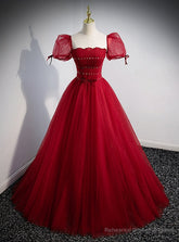 Burgundy Tulle Square Puff Sleeve Pleats Beading Prom Dress